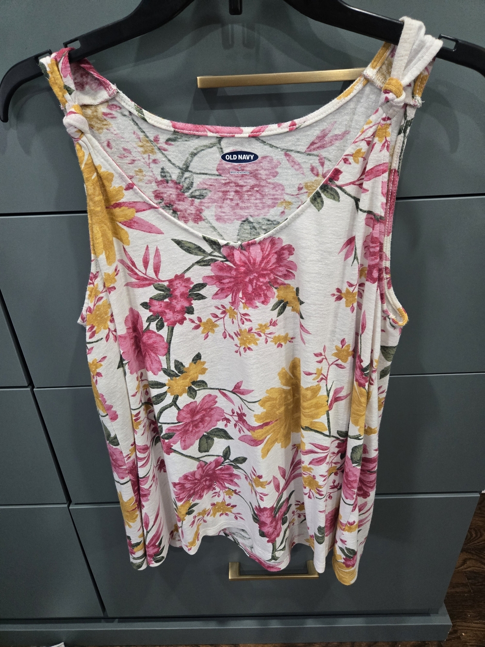 Old Navy Floral Knot-Shoulder Tank Top in White with Pink & Yellow Flowers